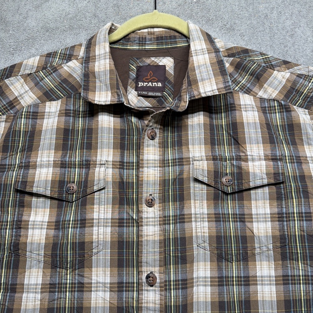 prAna Shirt Short Sleeve Button Up Brown Plaid Organic Cotton XL